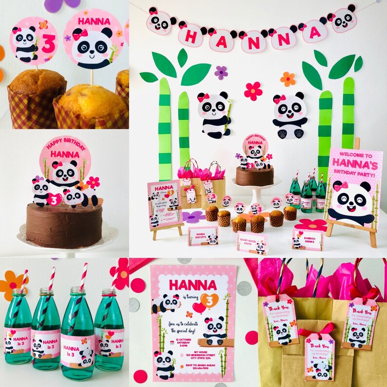 Op de afbeelding: Een roze en witte pandabeer-thema verjaardagsfeest met decoraties, taart en cadeautjes. De decoraties omvatten een banner, cupcake-toppers en een welkomstbord. De taart is een chocoladetaart met een pandabeer-topper. De cadeautjes omvatten kleine pandabeer-vormige koekjes en flessen water met pandabeer-etiketten.