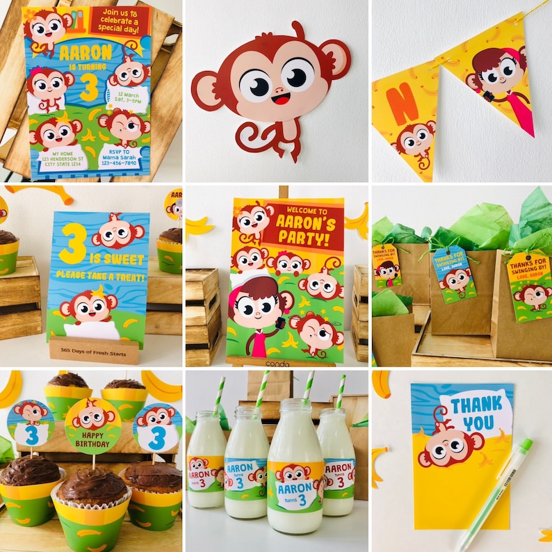May include: A monkey-themed birthday party set with a welcome sign, invitations, cupcake toppers, favour bags, and milk bottle labels. The set features a cartoon monkey with a banana and the text "Welcome to Aaron's Party!" and "Aaron is turning 3".