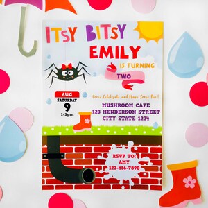 May include: A colorful birthday invitation for a child turning two. The invitation features a cartoon spider, a rain cloud, a sun, and a red rain boot. The text on the invitation reads "Itsy Bitsy Emily is turning two" and includes the date, time, and location of the party. The invitation also includes the RSVP information.
