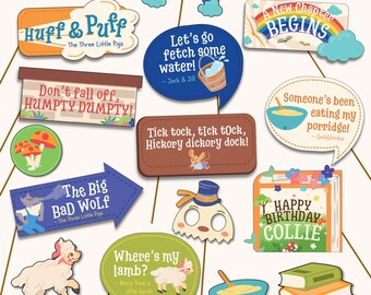 May include: A set of 10 colorful printable photo booth props featuring popular children's nursery rhymes and fairy tales. The props include a rainbow, a wolf, a bowl of porridge, a lamb, and more.