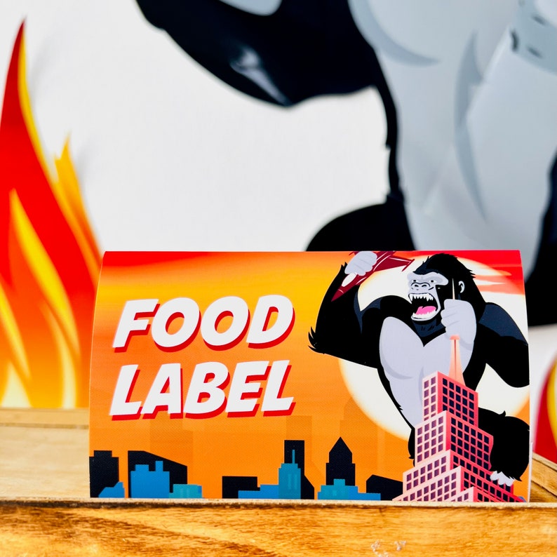 King Kong Party, Planet of the Apes Party, Kong Skull Island Party, Legend of Tarzan, Rampage Movie Party, Black Gorilla Themed Birthday Party Decorations, Kingdom of the Apes | King Kong Party Food Labels, Planet of Apes Food Tent Cards