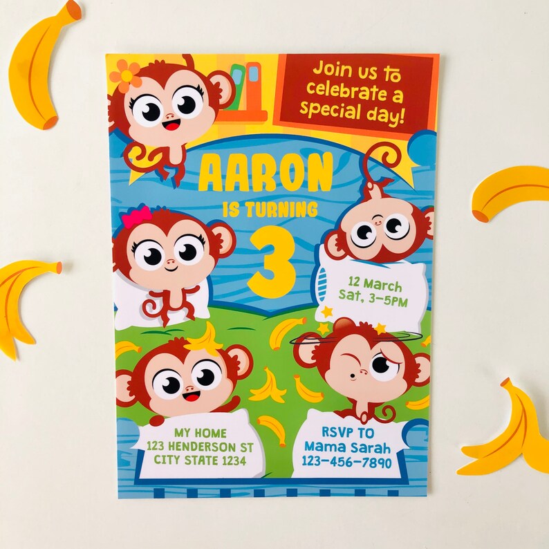 May include: A colourful birthday invitation featuring a monkey theme. The invitation reads "Join us to celebrate a special day!" and "Aaron is turning 3". The invitation also includes the date and time of the party, "12 March Sat, 3-5PM", and the address, "My Home 123 Henderson St City State 1234". The RSVP information is "RSVP to Mama Sarah 123-456-7890".