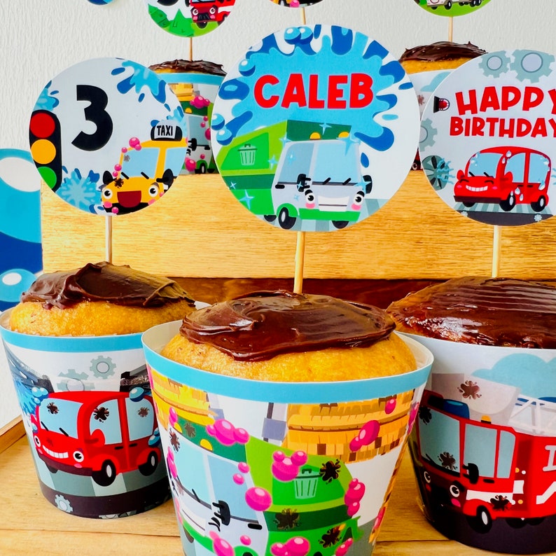 Car Wash Transportation Party Cupcake Toppers/ Carls Car Wash Vehicles Party Decorations