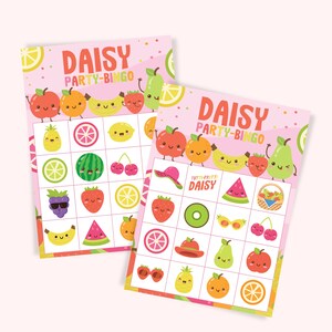 May include: Two pink bingo cards with the title "Daisy Party-Bingo". Each card has a 5x5 grid with different fruit images, including a pineapple, watermelon, lemon, cherries, a strawberry, a kiwi, a pear, an orange, a lime, a banana, sunglasses, a hat, and a basket of fruit.