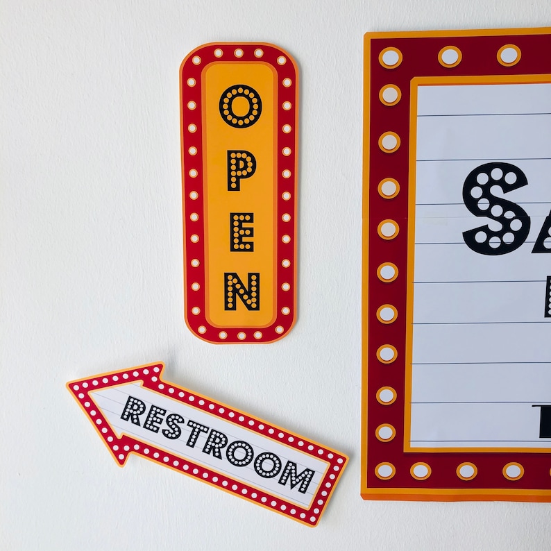Movie Night Open Sign and Restroom Arrow printable, retro Hollywood direction signs for cinema party and drive in movie night decor