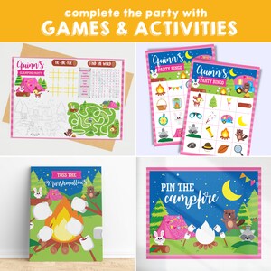 May include: A set of printable camping-themed party games for kids. The games include tic-tac-toe, find the word, party bingo, pin the campfire, and toss the marshmallows. The games are illustrated with cute cartoon animals and camping gear.