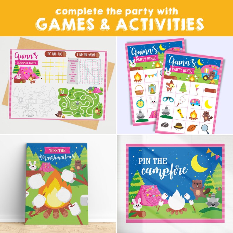 May include: A set of printable camping-themed party games for kids. The games include tic-tac-toe, find the word, party bingo, pin the campfire, and toss the marshmallows. The games are illustrated with cute cartoon animals and camping gear.