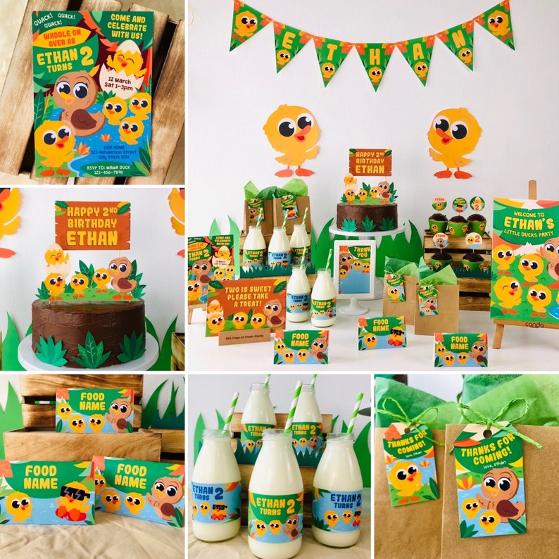 May include: A set of party decorations for a child's second birthday with a duck theme. The decorations include a banner, cupcake toppers, food labels, milk bottle labels, favor bags, and a welcome sign. The colors are yellow, green, brown, and orange.