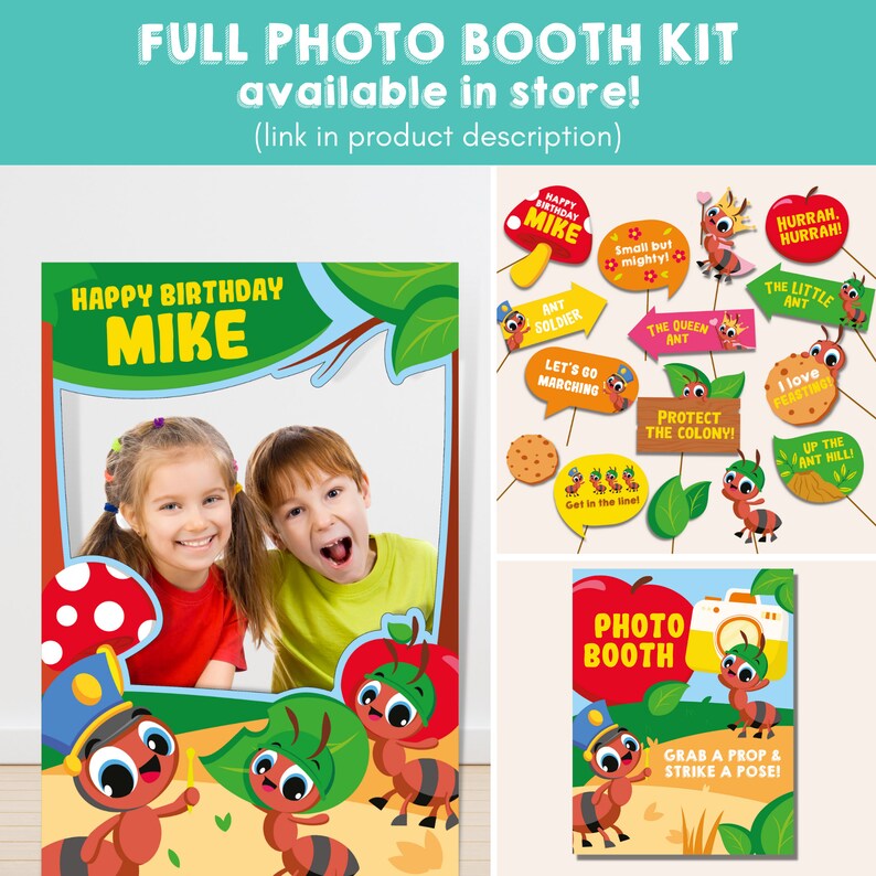 Puede incluir: Un kit de cabina de fotos con tem&aacute;tica de hormigas para una fiesta de cumplea&ntilde;os. El kit incluye un gran recorte de cart&oacute;n con un marco de fotos, un cartel que dice "Feliz cumplea&ntilde;os Mike" y varios accesorios con hormigas. Los accesorios incluyen carteles con frases como "Vamos a marchar", "Proteger la colonia" y "&iexcl;Arriba la colina de las hormigas!"