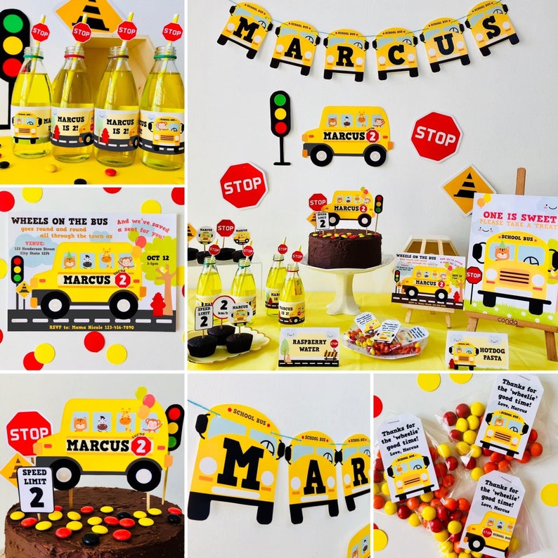 Wheels on the Bus themed birthday party with decorations, food, and favours. The yellow school bus decorations include a banner with the name "Marcus" and a school bus cake with the number "2" on top. The food includes cupcakes, raspberry water, and hotdog pasta. The party favours include small bags of candy with a thank you tag that says "Thanks for the 'wheelie' good time!"
