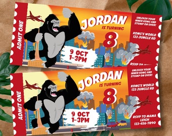 Peut inclure: Deux invitations de style billet rouge et orange pour une fête d'anniversaire. Les invitations présentent une image de dessin animé de King Kong détruisant une ville. Le texte sur les invitations indique "Jordan a 8 ans" et "9 oct 13h-15h". Les invitations comprennent également l'adresse "Kong's World 123 Jungle Rd" et un numéro de téléphone.