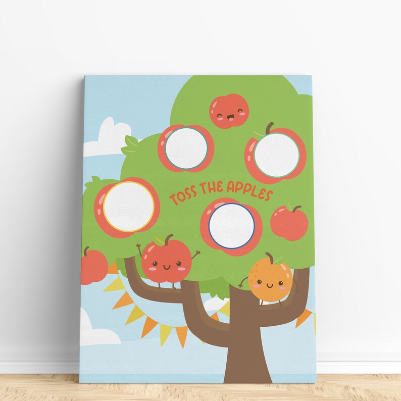 May include: A printable game for kids featuring a cartoon apple tree with red apples and a smiling orange. The text "Toss the Apples" is written on the tree.