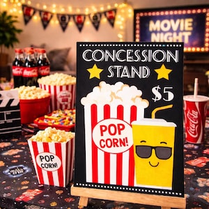 Movie Night Concession Stand Sign displayed with snacks and drinks, retro Hollywood party decoration for kids birthday and drive in movie night