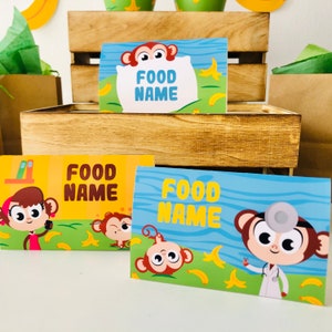 May include: Three printable food labels featuring cartoon monkeys and bananas. The labels say "Food Name" and are perfect for a monkey-themed party.