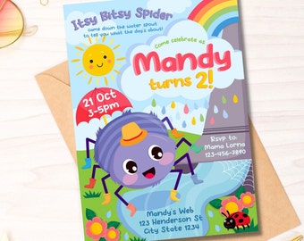 May include: A colorful invitation for a 2nd birthday party featuring a cartoon spider wearing a hat and boots. The invitation says "Come celebrate as Mandy turns 2!" and includes the date and time of the party, as well as the address and contact information for RSVP.