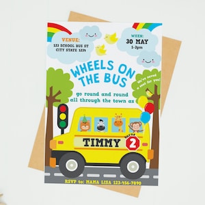 Wielen op de bus verjaardagsuitnodiging/gele schoolbus uitnodiging voor feest feestversiering BEWERKBARE afdrukbare