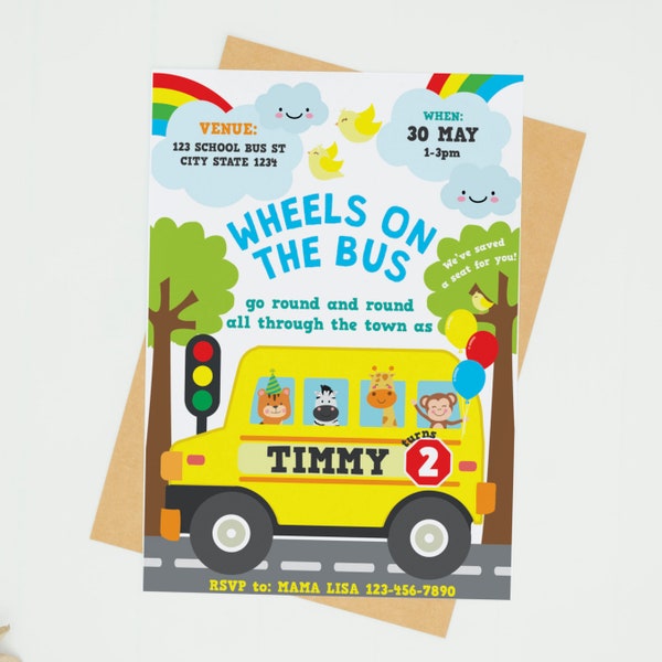 Wheels on the Bus Birthday Invitation/ Yellow School Bus Party Invitation Party Decorations EDITABLE Printable