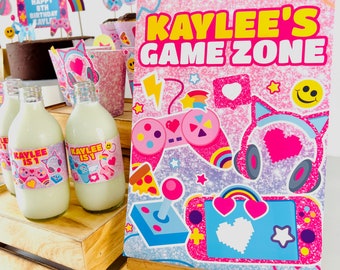 Cartello di benvenuto per compleanno di una ragazza gamer, festa con videogiochi rosa (stampabile e modificabile)