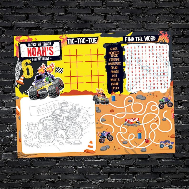 Monster Truck Party Game Activity Sheet Coloring Placemat Monster Jam Party Pin the Wheel Game Bingo Game Tossing Game