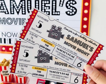 Editable Movie Night Ticket Invitation | Retro Hollywood Cinema Birthday Party Invite