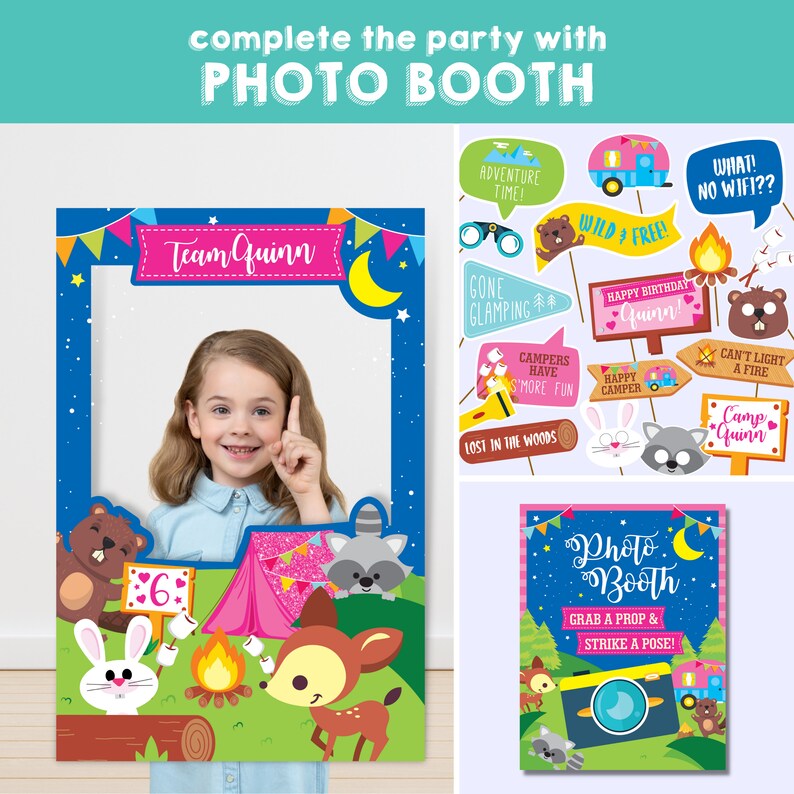 May include: A blue and pink photo booth backdrop with a cutout for a face. The backdrop features a campfire scene with a tent, a deer, a rabbit, a raccoon, and a bear. The text "Team Quinn" is at the top of the backdrop.