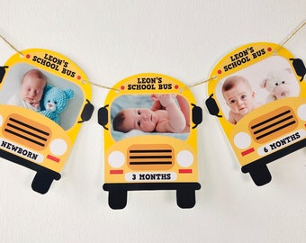 Wheels on the Bus Photo Banner/ Yellow School Bus Baby Monthly Milestones Photo Banner EDITABLE Printable