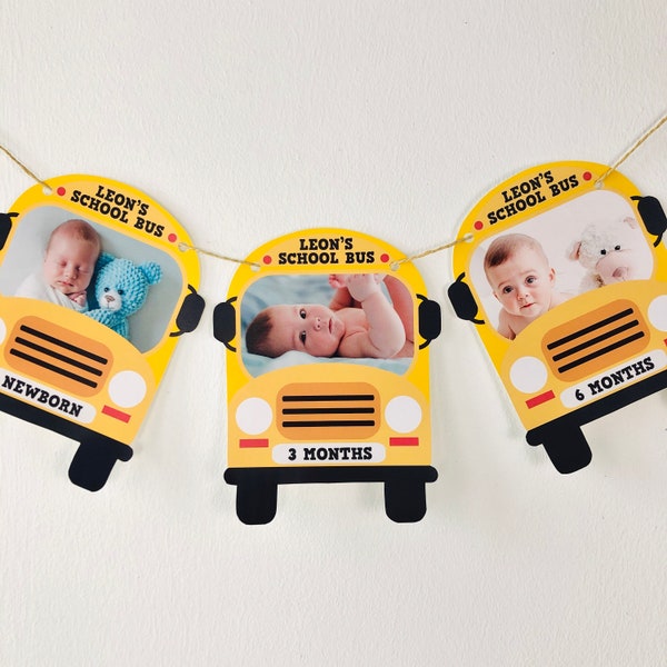 Wheels on the Bus Photo Banner/ Yellow School Bus Baby Monthly Milestones Photo Banner EDITABLE Printable