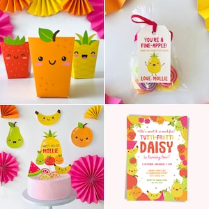 Twotti Frutti birthday party printable bundle with colorful fruit decorations, food labels and matching party supplies for a cohesive dessert table