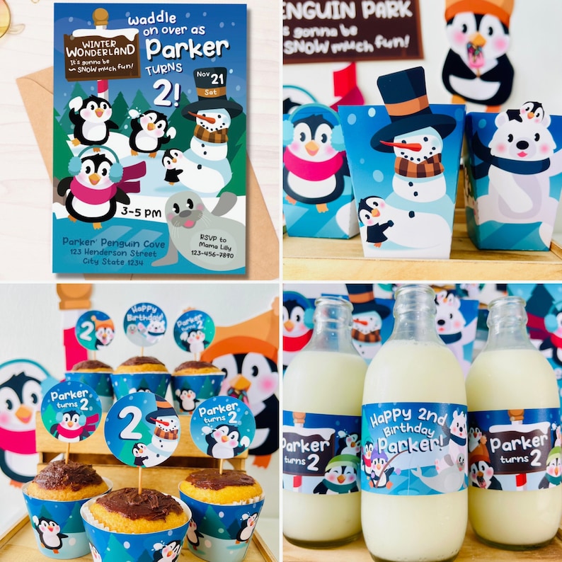 Penguin Party Decorations/ Penguin Winter Wonderland Christmas Birthday Party Decor Kit Printable