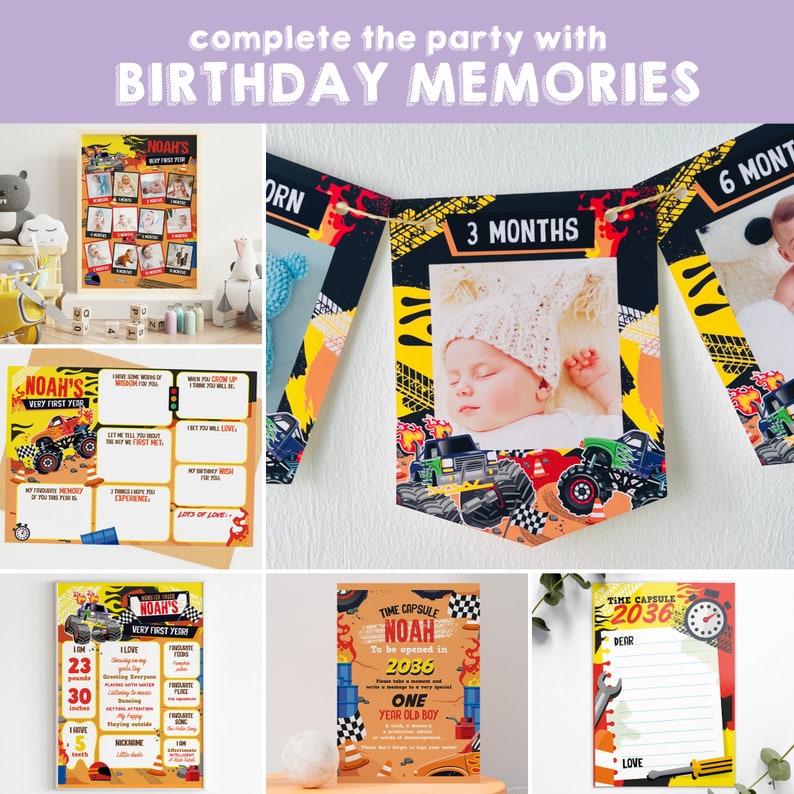 Monster Truck birthday memories kit, ideal for first birthday celebration