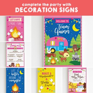 May include: A set of printable camping themed party signs. The signs feature illustrations of a campfire, a camper, and a raccoon. The text on the signs includes "Let's Have S'more Fun!" "Welcome to Team Quinn" "S'mores Menu" "Life is Better Around the Campfire" "Roast a Marshmallow & Party S'more" and "Make Your Own Trail Mix Bar".