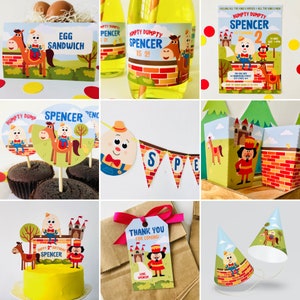 May include: A set of printable party decorations for a child's second birthday party with a Humpty Dumpty theme. The decorations include a cake topper, cupcake toppers, a banner, favor bags, party hats, and an invitation. The decorations feature a cartoon Humpty Dumpty character, a horse, and a castle.