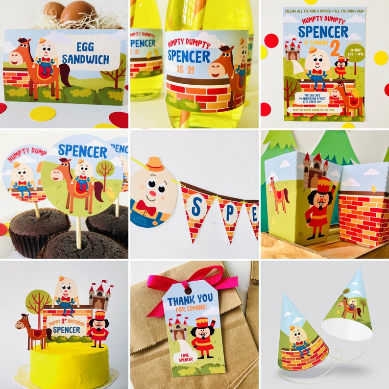 May include: A set of printable party decorations for a child's second birthday party with a Humpty Dumpty theme. The decorations include a cake topper, cupcake toppers, a banner, favor bags, party hats, and an invitation. The decorations feature a cartoon Humpty Dumpty character, a horse, and a castle.