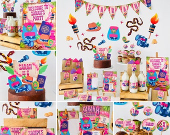 May include: A jungle-themed birthday party decorations kit with a brown and pink color scheme. The kit includes a banner, cupcake toppers, cake toppers, favor bags, and a welcome sign. The welcome sign says "Welcome to Sarah's Party".