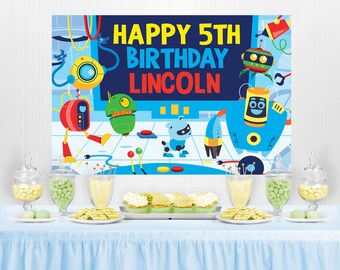Fondo de cumpleaños con temática de robots, pancarta editable para fiesta de ciencia (imprimible)