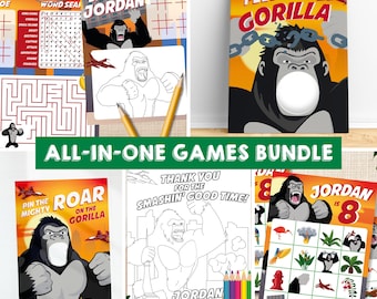 May include: A set of printable party games featuring a gorilla theme. The games include a word search, a maze, a tic-tac-toe game, a coloring page, a pin the tail on the gorilla game, a roar on the gorilla game, a bingo game, and a thank you for the smashing good time coloring page. The games are all designed for a birthday party and feature the name Jordan and the number 8.