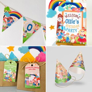 May include: A collection of party decorations featuring a whimsical theme. Includes a banner with the number "0", a sign that reads "Welcome to Ollie's Birthday Party", gift tags, and party hats. The decorations feature illustrations of children, rainbows, and mushrooms.