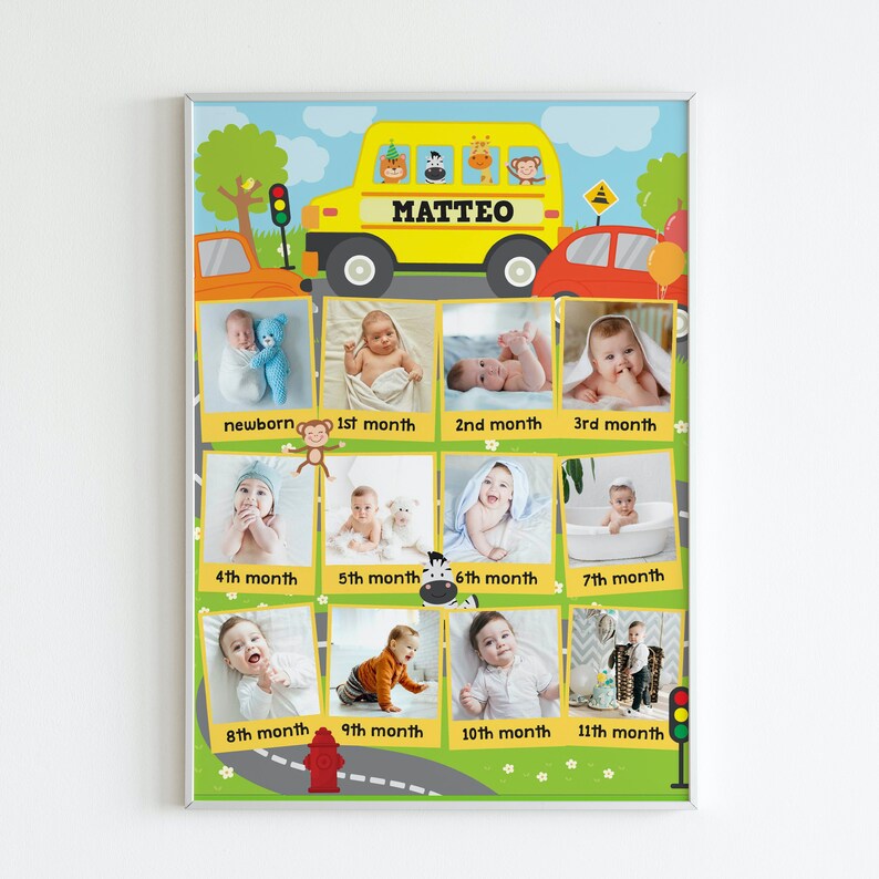 Wheels on the Bus First Birthday Baby Milestones Photo Board Party Decorations
