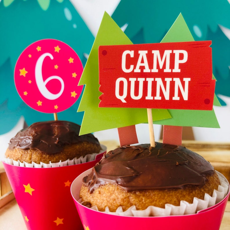 May include: Two chocolate cupcakes decorated with chocolate frosting. The cupcakes are topped with a pink and white star-shaped sign that says "6" and a green and red sign that says "Camp Quinn".