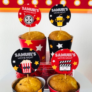 Movie Night Cupcake Toppers and Popcorn Labels, Hollywood cinema party decorations with retro theatre design