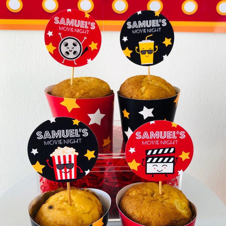 Movie Night Cupcake Toppers and Popcorn Labels, Hollywood cinema party decorations with retro theatre design