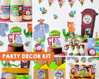 May include: A party decor kit with a woodland theme featuring a clock, animals, and the name Jaxon. The kit includes a banner, cupcake toppers, favor bags, food labels, and bottle labels.