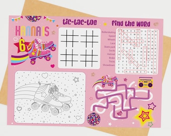 May include: A pink and rainbow-themed birthday party invitation with a tic-tac-toe game, a word search, and a coloring page featuring roller skates. The invitation says "Hanna's 6".