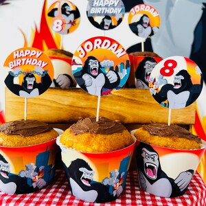 King Kong Party, Planet of the Apes Party, Kong Skull Island Party, Legend of Tarzan, Rampage Movie Party, Black Gorilla Themed Birthday Party Decorations, Kingdom of the Apes | King Kong Birthday Cake, Planet of Apes Cupcake Topper, Dessert Toppers