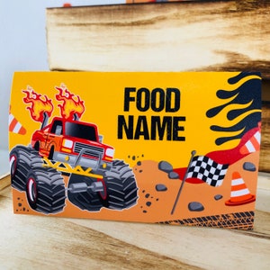 Big rigs place card printable for Monster Jam birthday bash party decoration