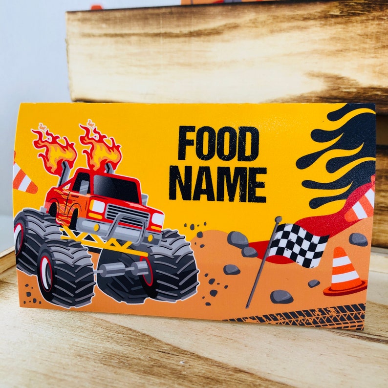 Big rigs place card printable for Monster Jam birthday bash party decoration