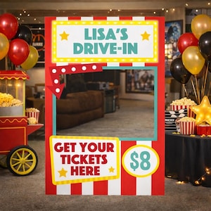Movie Night Ticketing Booth Photo Prop with personalized marquee frame for Hollywood movie night party and kids cinema birthday photo booth