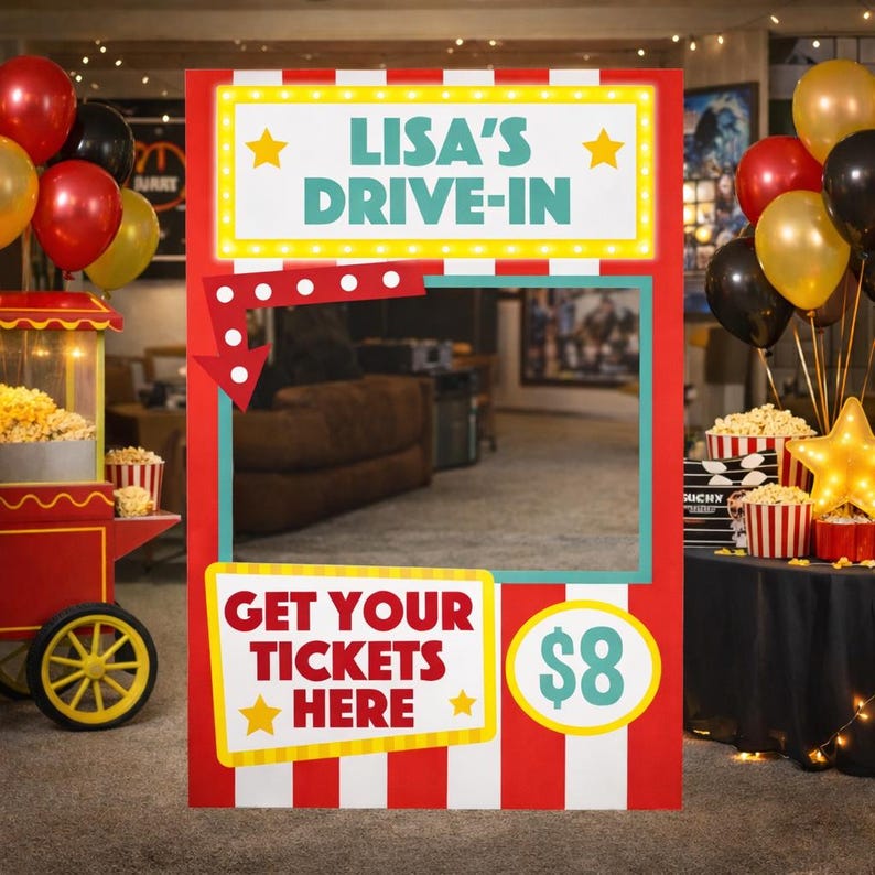 Movie Night Ticketing Booth Photo Prop with personalized marquee frame for Hollywood movie night party and kids cinema birthday photo booth
