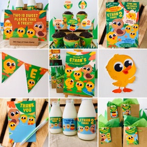 May include: A set of party decorations for a child's second birthday with a duck theme. The decorations include a banner, cupcake toppers, favor bags, milk bottle labels, and a welcome sign. The colors are yellow, green, and brown.
