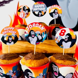 King Kong Party, Planet of the Apes Party, Kong Skull Island Party, Legend of Tarzan, Rampage Movie Party, Black Gorilla Themed Birthday Party Decorations, Kingdom of the Apes | King Kong Birthday Cake, Planet of Apes Cupcake Topper, Dessert Toppers